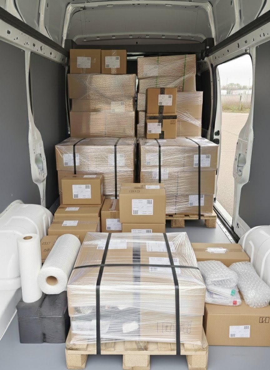 Chargement préparé dans le fourgon YMLogistique